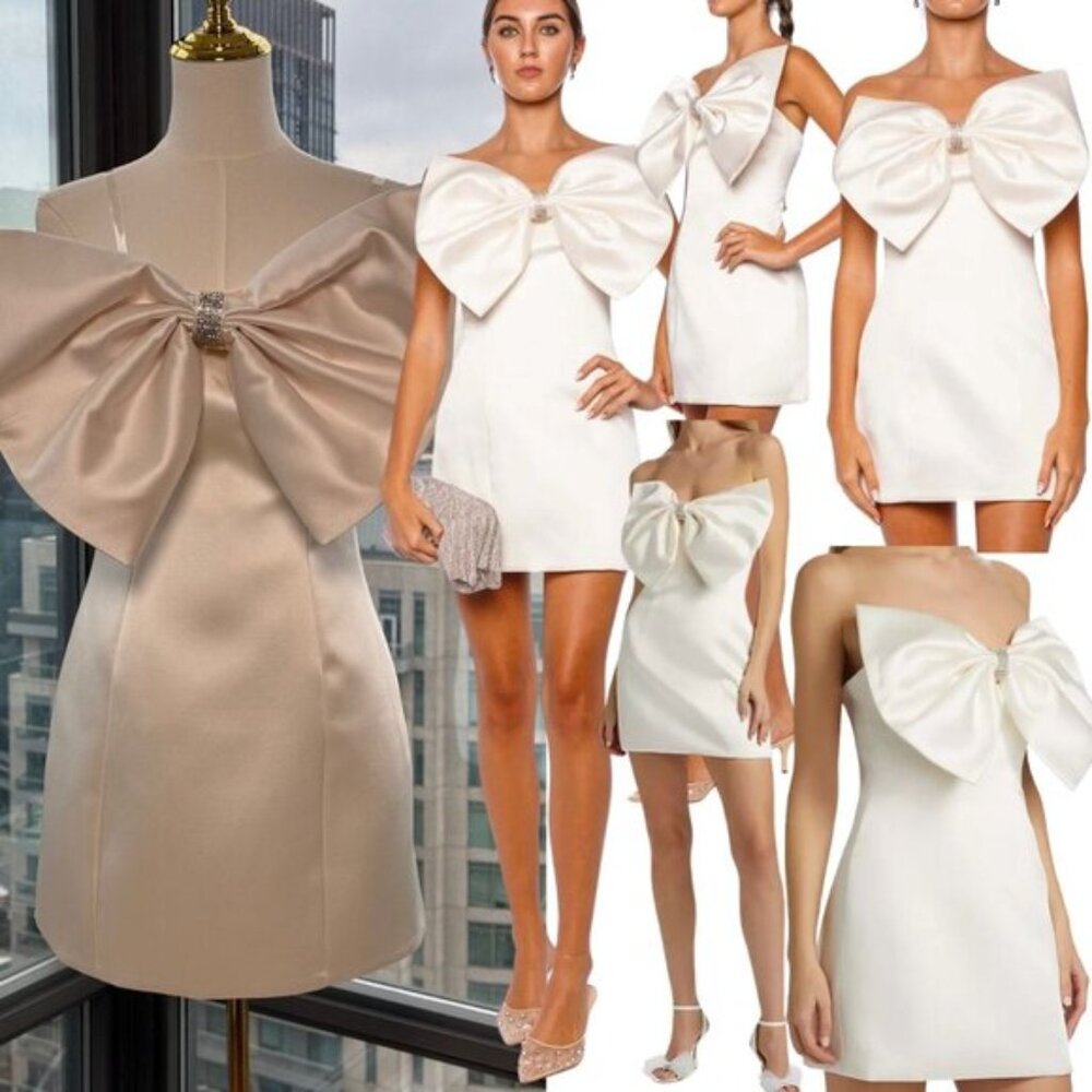 🆕 BRONX & BANCO 🧿 NWOT Evie White Strapless Bow Mini Dress, Sz S US 4